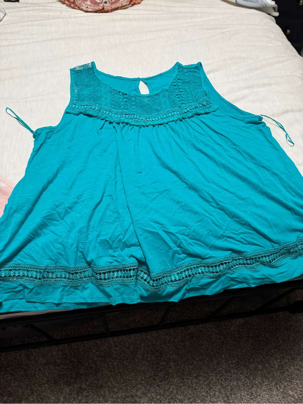 Turquoise Crochet Yoke Sleeveless Top